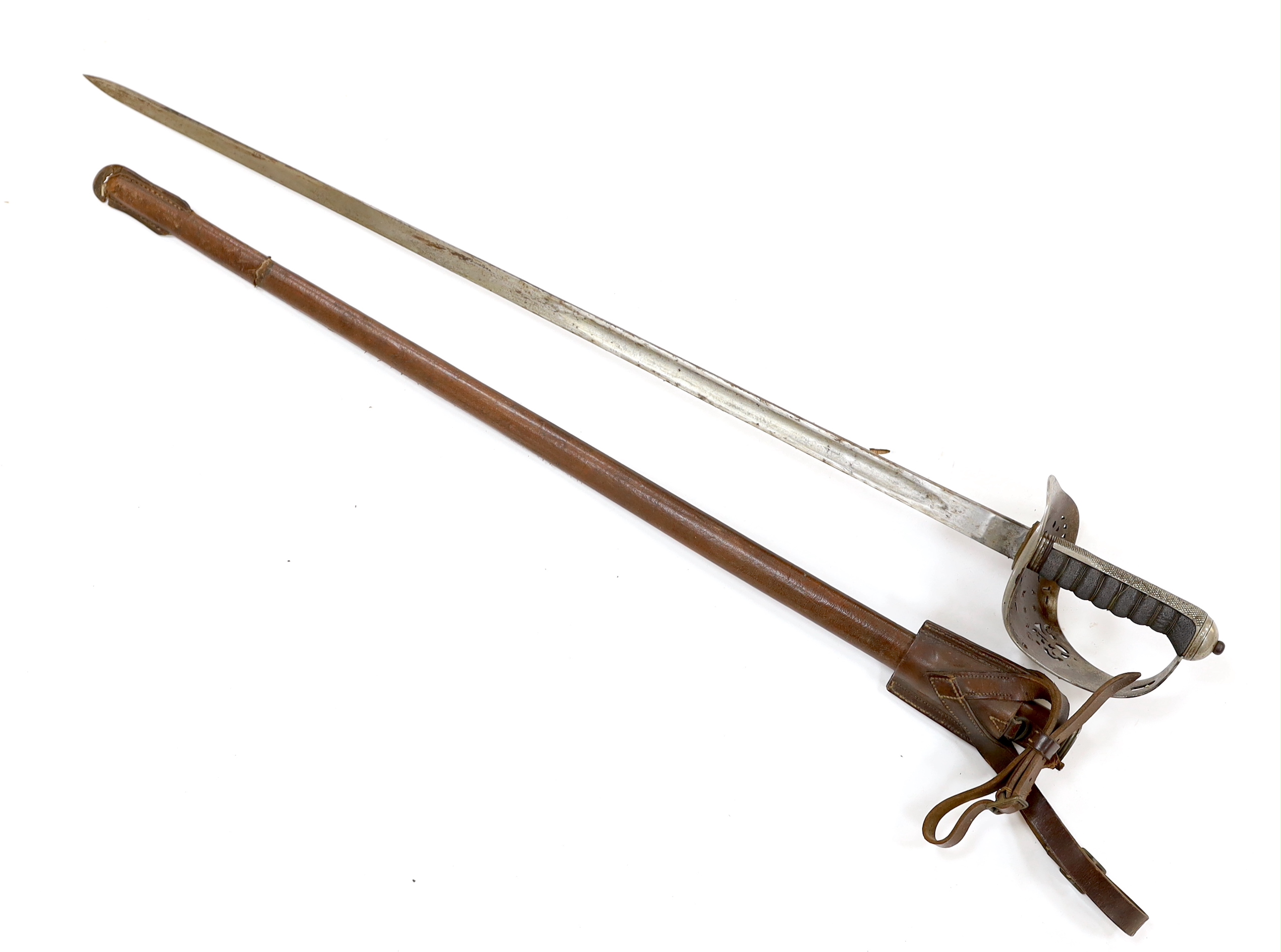 A George V 1897 pattern infantry officer's sword, with scabbard and leather hanger, blade 82cm